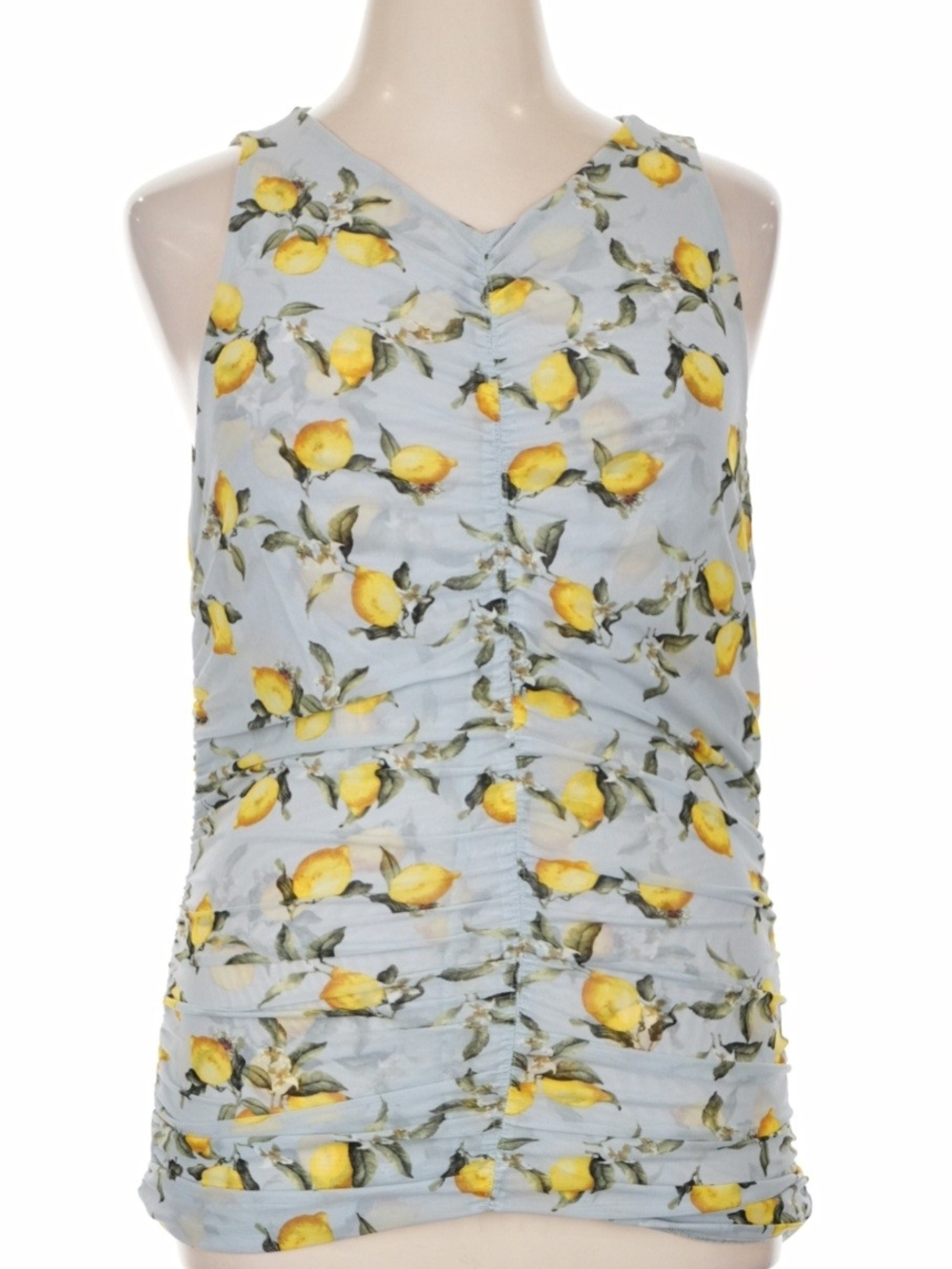 White House Black Market Light Blue Lemon-Print Ruched V-Neck Tank